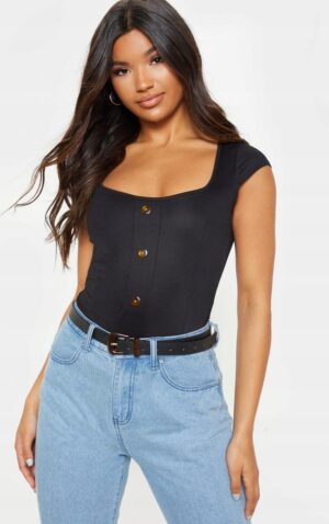 Z0A112 PRETTYLITTLETHING DOPASOWANE CZARNE DAMSKIE BODY Z GUZIKAMI 32 - obrazek 5