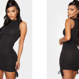 X0F006 MARSZCZONA CZARNA SUKIENKA W PRĄŻKI PRETTYLITTLETHING 38