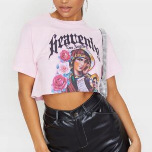 M6F207 PLT DAMSKI RÓŻOWY KRÓTKI T-SHIRT Z NADRUKIEM 34