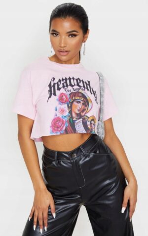 M6F207 PLT DAMSKI RÓŻOWY KRÓTKI T-SHIRT Z NADRUKIEM 34