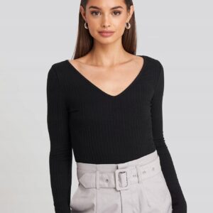 X3B207 CZARNA BLUZKA Z DŁUGIM RĘKAWEM LONG SLEEVE W PRĄŻKI NA-KD M