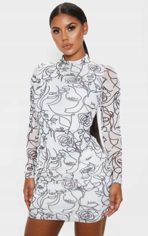 Z0E315 PRETTYLITTLETHING DOPASOWANA BIAŁA SUKIENKA SIATECZKA PRINT 42 - obrazek 5