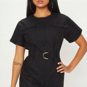 M6C114 PRETTYLITTLETHING PETITE CZARNY LETNI KOMBINEZON Z PASKIEM XL