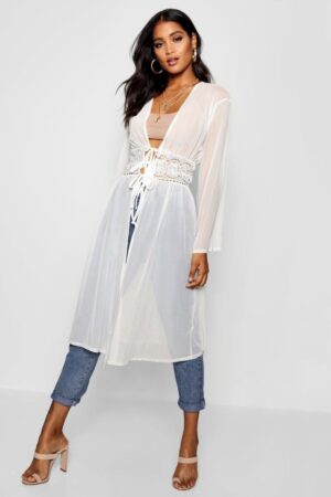 Z0B201 BOOHOO BEŻOWA DŁUGA KOSZULA KIMONO Z KORONKĄ WIĄZANE W PASIE S/M - obrazek 3