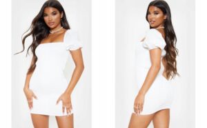 M3D114 PRETTYLITTLETHING BIAŁA MARSZCZONA SUKIENKA TUBA Z BUFKAMI 32 XXS