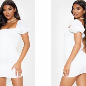 M3D114 PRETTYLITTLETHING BIAŁA MARSZCZONA SUKIENKA TUBA Z BUFKAMI 32 XXS