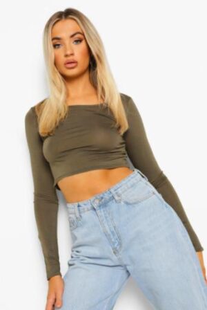 Z2G310 BOOHOO KHAKI CROP TOP BASIC L L