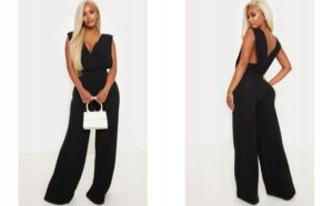 Z3E307 PRETTYLITTLETHING SHAPE CZARNY KOMBINEZON Z GŁĘBOKIM DEKOLTEM 36 S