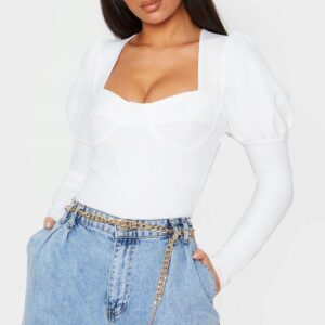 M8B214 PRETTYLITTLETHING BIAŁE BODY Z BUFKAMI DŁUGI RĘKAW 44 XXL