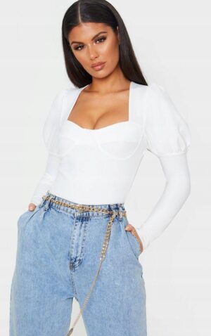 M8B214 PRETTYLITTLETHING BIAŁE BODY Z BUFKAMI DŁUGI RĘKAW 44 XXL