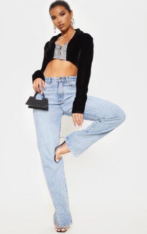 M3A212 PRETTYLITTLETHING TOP WELUROWY CZARNY Z CEKINAMI 40 - obrazek 2
