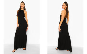 X6E105 BOOHOO CZARNA DŁUGA SUKIENKA BEZ PLECÓW WIĄZANA 34 XS