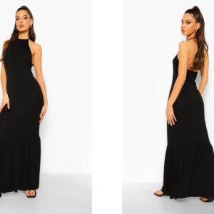 X6E105 BOOHOO CZARNA DŁUGA SUKIENKA BEZ PLECÓW WIĄZANA 34 XS