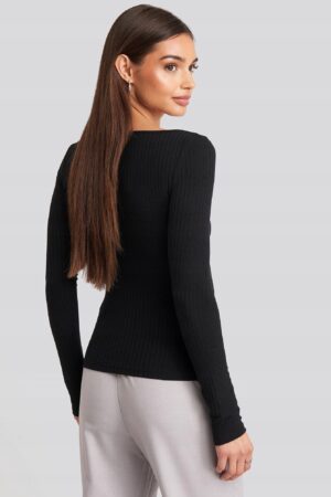 X3B207 CZARNA BLUZKA Z DŁUGIM RĘKAWEM LONG SLEEVE W PRĄŻKI NA-KD M - obrazek 2