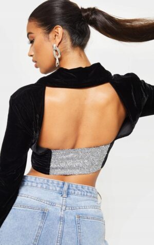 M3A212 PRETTYLITTLETHING TOP WELUROWY CZARNY Z CEKINAMI 40 - obrazek 4
