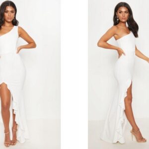 X5E113 PRETTYLITTLETHING BIAŁA SUKIENKA ASYMETRYCZNA Z ROZCIĘCIEM 38 M