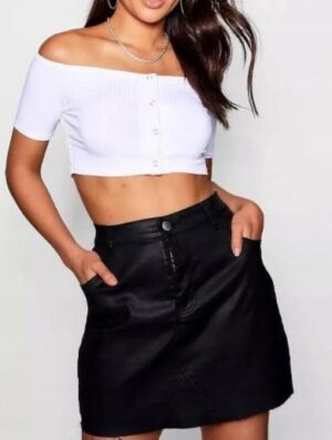 Z3A115 DAMSKI CROP TOP PRĄŻKOWANY ODKRYTE RAMIONA BOOHOO 34