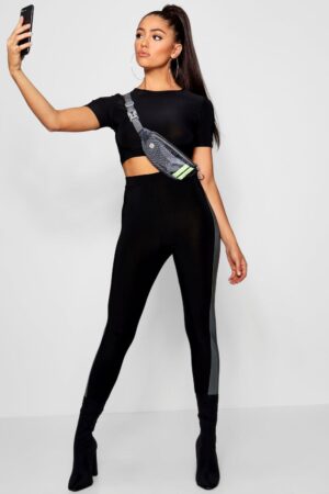 M3D003 BOOHOO BRĄZOWE KONTRASTOWE LEGGINSY LAMPASY 36 S - obrazek 4
