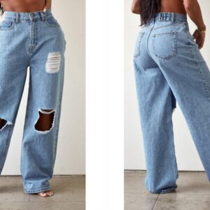 M8B314 SPODNIE JEANSOWE Z DZIURAMI SZEROKA NOGAWKA PRETTYLITTLETHING 44