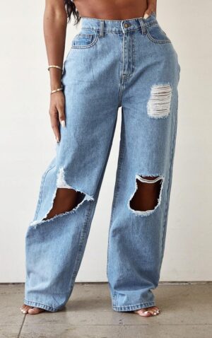 M8B314 SPODNIE JEANSOWE Z DZIURAMI SZEROKA NOGAWKA PRETTYLITTLETHING 44 - obrazek 2