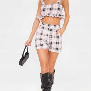 X5G102 PLT DAMSKI RÓŻOWY CROP TOP W KRATKĘ 42