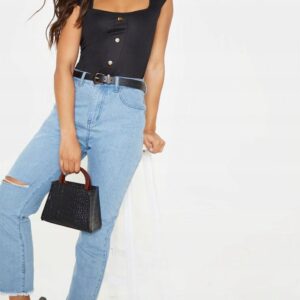 Z0A112 PRETTYLITTLETHING DOPASOWANE CZARNE DAMSKIE BODY Z GUZIKAMI 32