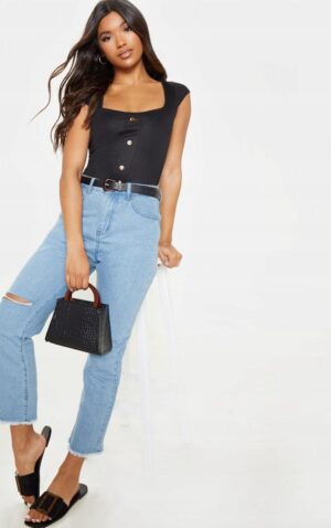Z0A112 PRETTYLITTLETHING DOPASOWANE CZARNE DAMSKIE BODY Z GUZIKAMI 32