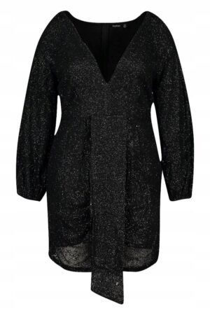Z8C212 CZARNA SUKIENKA GLAMOUR Z POŁYSKIEM BROKAT BOOHOO PLUS 44 - obrazek 4