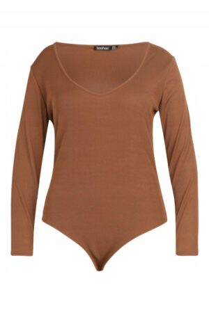 Z5E209 BRĄZOWE BODY PRĄŻKOWANE Z DŁUGIM RĘKAWEM BOOHOO PLUS 52 - obrazek 4