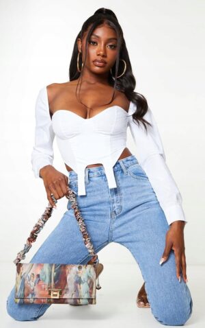 Z1F306 PRETTYLITTLETHING BIAŁA KRÓTKA KOSZULA GORSET 36 S