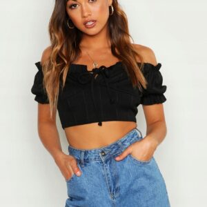 Z7F201 BOOHOO CZARNY CROP TOP BUFKI M-L M-L