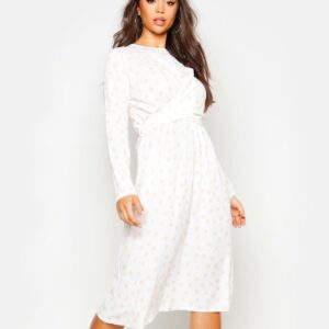 X8C004 BOOHOO SUKIENKA MIDI DAMSKA BIAŁA W GROSZKI DŁUGI RĘKAW