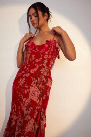 M2D003 BOOHOO WZORZYSTA WELUROWA SUKIENKA CZERWONA W KWIATY 36 S - obrazek 6
