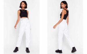 Z8B313 BIAŁE SPODNIE JEANSOWE Z WYSOKIM STANEM ASYMETRYCZNE NASTY GAL M