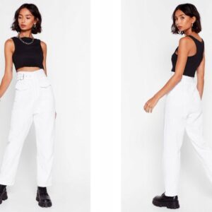 Z8B313 BIAŁE SPODNIE JEANSOWE Z WYSOKIM STANEM ASYMETRYCZNE NASTY GAL M