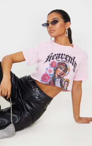 M6F207 PLT DAMSKI RÓŻOWY KRÓTKI T-SHIRT Z NADRUKIEM 34 - obrazek 2