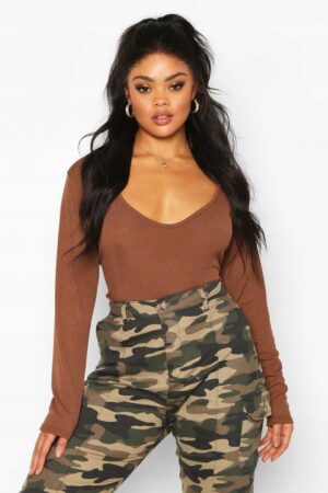 Z5E209 BRĄZOWE BODY PRĄŻKOWANE Z DŁUGIM RĘKAWEM BOOHOO PLUS 52 - obrazek 3