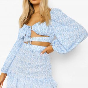 Z3C304 BOOHOO NIEBIESKA BLUZKA TOP KWIATY M M