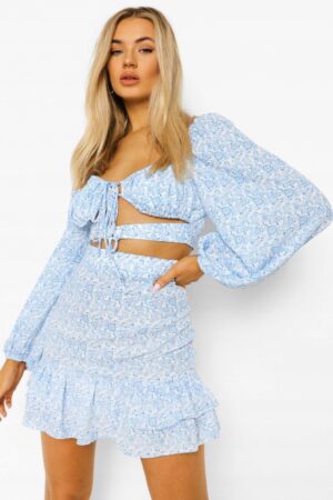 Z3C304 BOOHOO NIEBIESKA BLUZKA TOP KWIATY M M