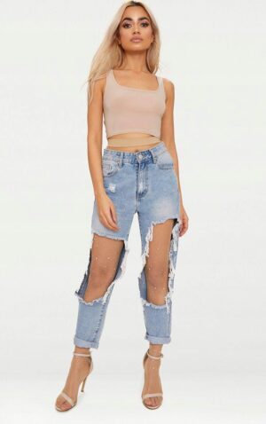 X6F023 PRETTYLITTLETHING KABARETKI RAJSTOPY BEŻOWE ZDOBIONE - obrazek 4