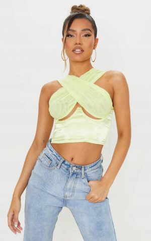 X5E013 PLT SATYNOWY CROP TOP LIMONKA SZYFON 34 XS