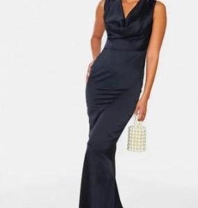 X7B101 PLT CZARNA SATYNOWA SUKIENKA MAXI 42 XL