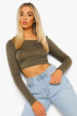 Z2G310 BOOHOO KHAKI CROP TOP BASIC L L - obrazek 2
