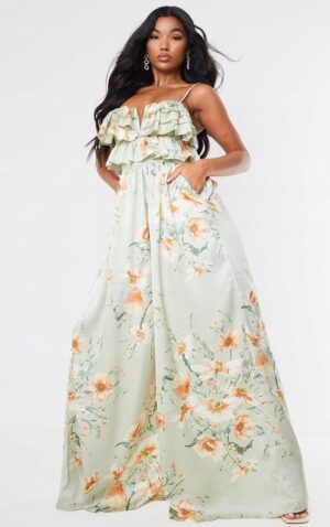 X3F014 PLT ZIELONY KOMBINEZON MAXI W KWIATY 42 XL