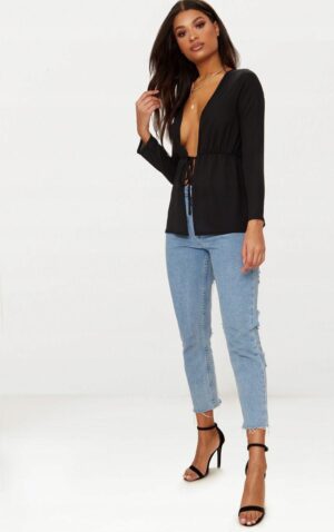 Z0F312 PRETTYLITTLETHING CZARNA BLUZKA NARZUTKA Z DŁUGIM RĘKAWEM 38 M - obrazek 3