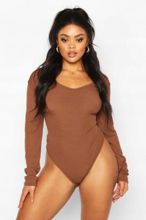 Z5E209 BRĄZOWE BODY PRĄŻKOWANE Z DŁUGIM RĘKAWEM BOOHOO PLUS 52 - obrazek 2