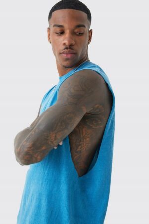M7A120 BOOHOO MĘSKI NIEBIESKI T-SHIRT EFEKT SPRANIA CASUAL M - obrazek 2