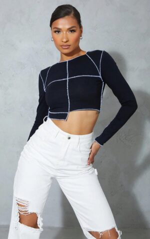 X5C204 PLT CZARNY CROP TOP DŁUGI RĘKAW 32 XXS