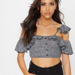 Z4B027 PLT DZIANINOWY KRÓTKI CROP TOP GUZIKI SZARY 42
