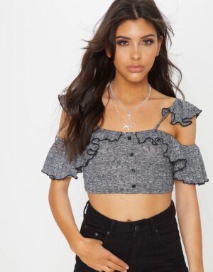 M9A116 PRETTYLITTLETHING DZIANINOWY CROP TOP NA RAMIĄCZKACH SZARY 42 XL
